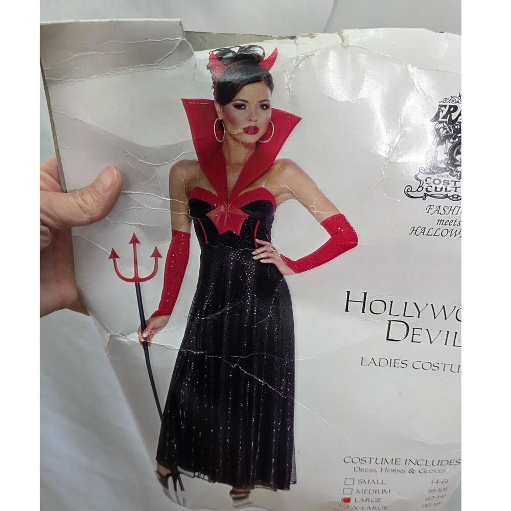 Sexy Hollywood Devil Costume Womens Large Black Red Sequin Dress Horns Few Flaws